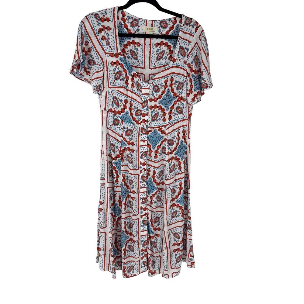 Maeve Anthropologie Praslin Midi Dress Womens 4 Red Blue White Button Front Boho - Picture 2 of 9